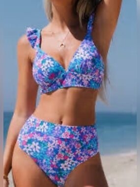 CUPSHE Floral Two-Piece High-Waist Bikini — Blue & Pink Floral